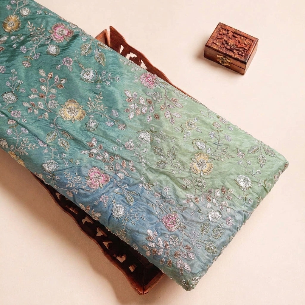 Folded Multicolor Embroidery Chinnon Fabric Highlighting Thread Work Stone Sequins and Texture
