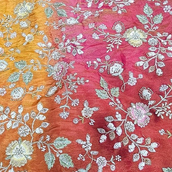 Yellow Orange Multicolor Chinnon Fabric, laid flat