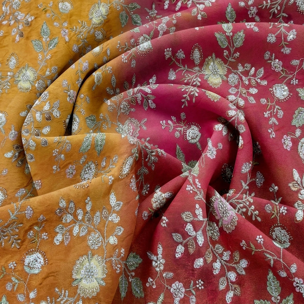Swirled Multicolor Embroidery Chinnon Fabric Showing Thread Work Stone Sequins and Drape