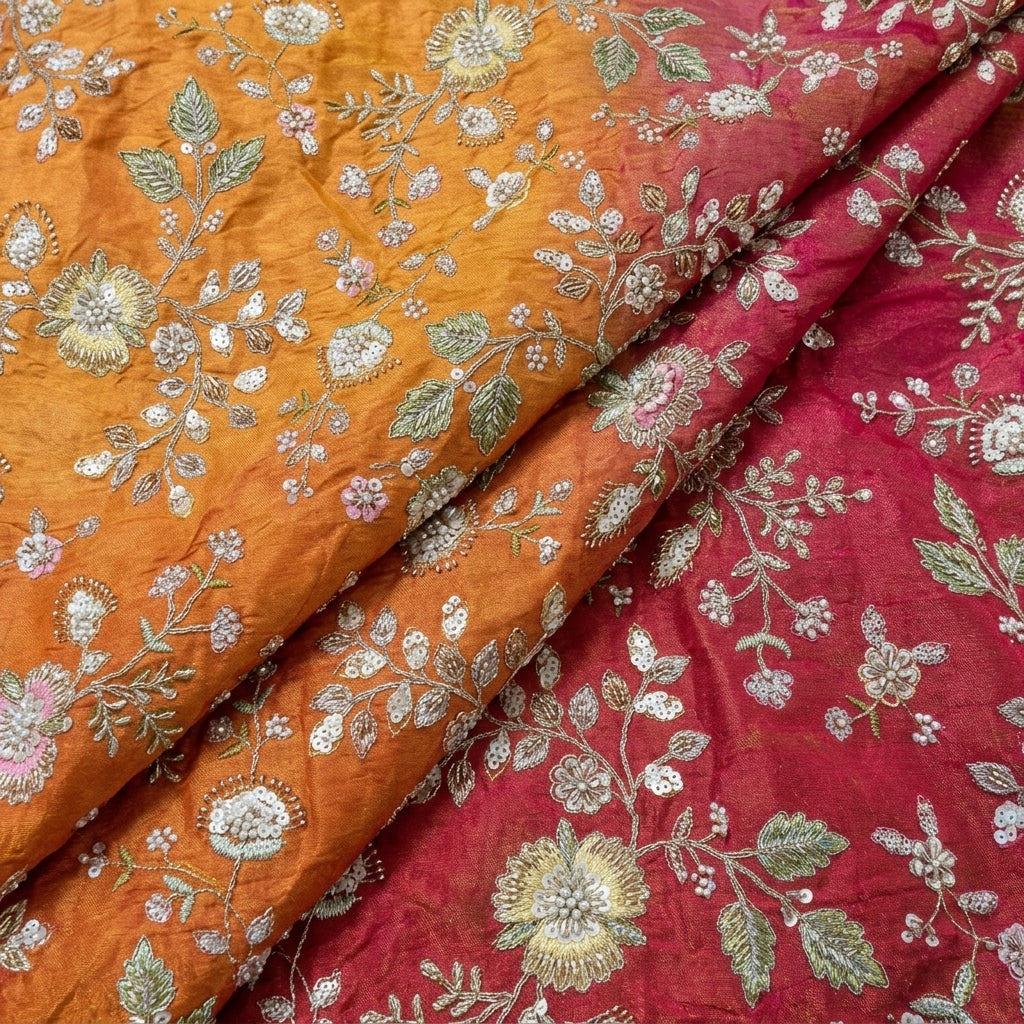 Folded Multicolor Embroidery Chinnon Fabric