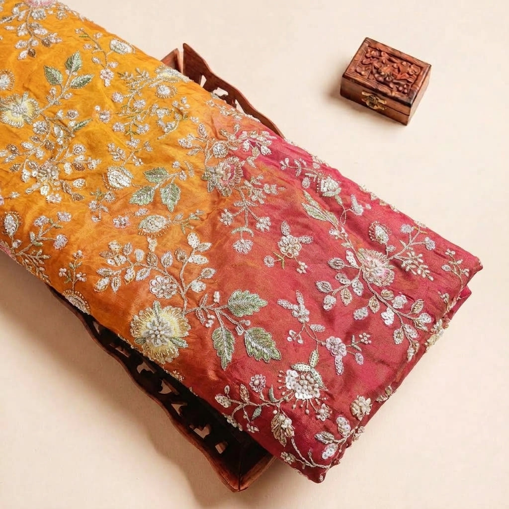 Folded Multicolor Embroidery Chinnon Fabric Highlighting Thread Work Stone Sequins and Texture