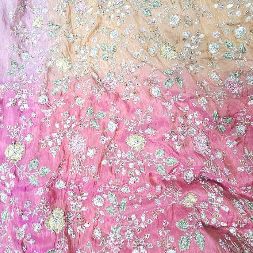 Pink Yellow Multicolor Chinnon Fabric, laid flat