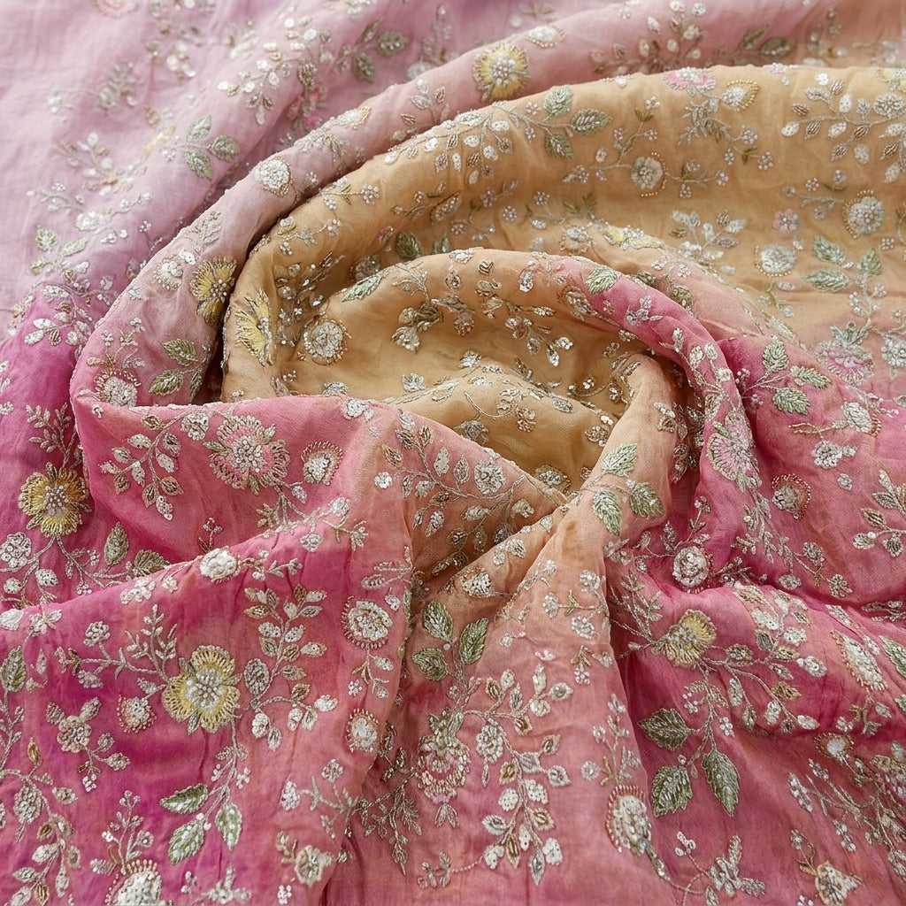 Swirled Multicolor Multicolor Chinnon Fabric Showing Thread Work Stone Sequins and Drape