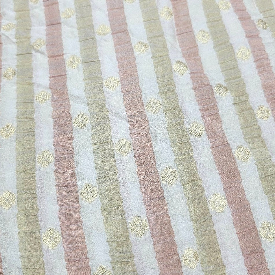 Green Orange Stripes Semi Banaras Fabric, laid flat