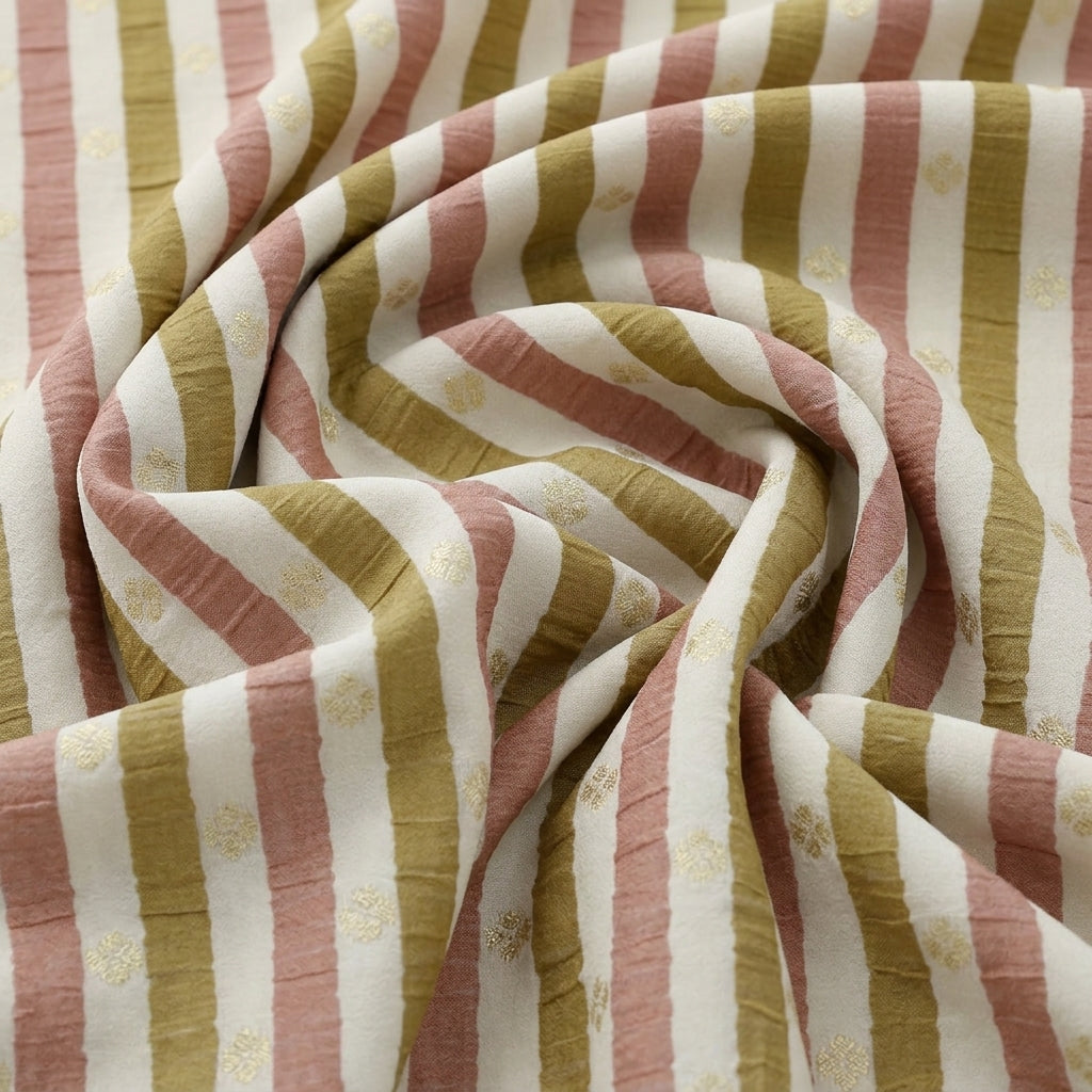 Swirled Cream Stripes Semi Banaras Fabric Showing Zari Butta and Drape