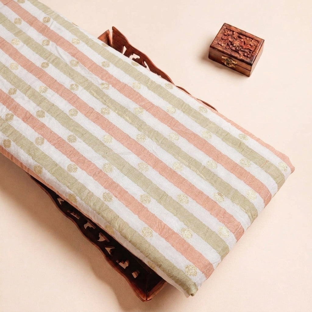 Green Orange Stripes Semi Banaras Fabric, folded