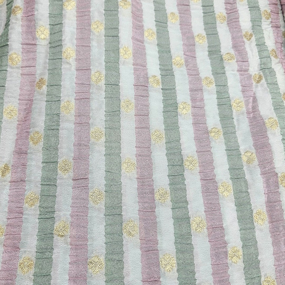 Green Violet Stripes Semi Banaras Fabric, laid flat
