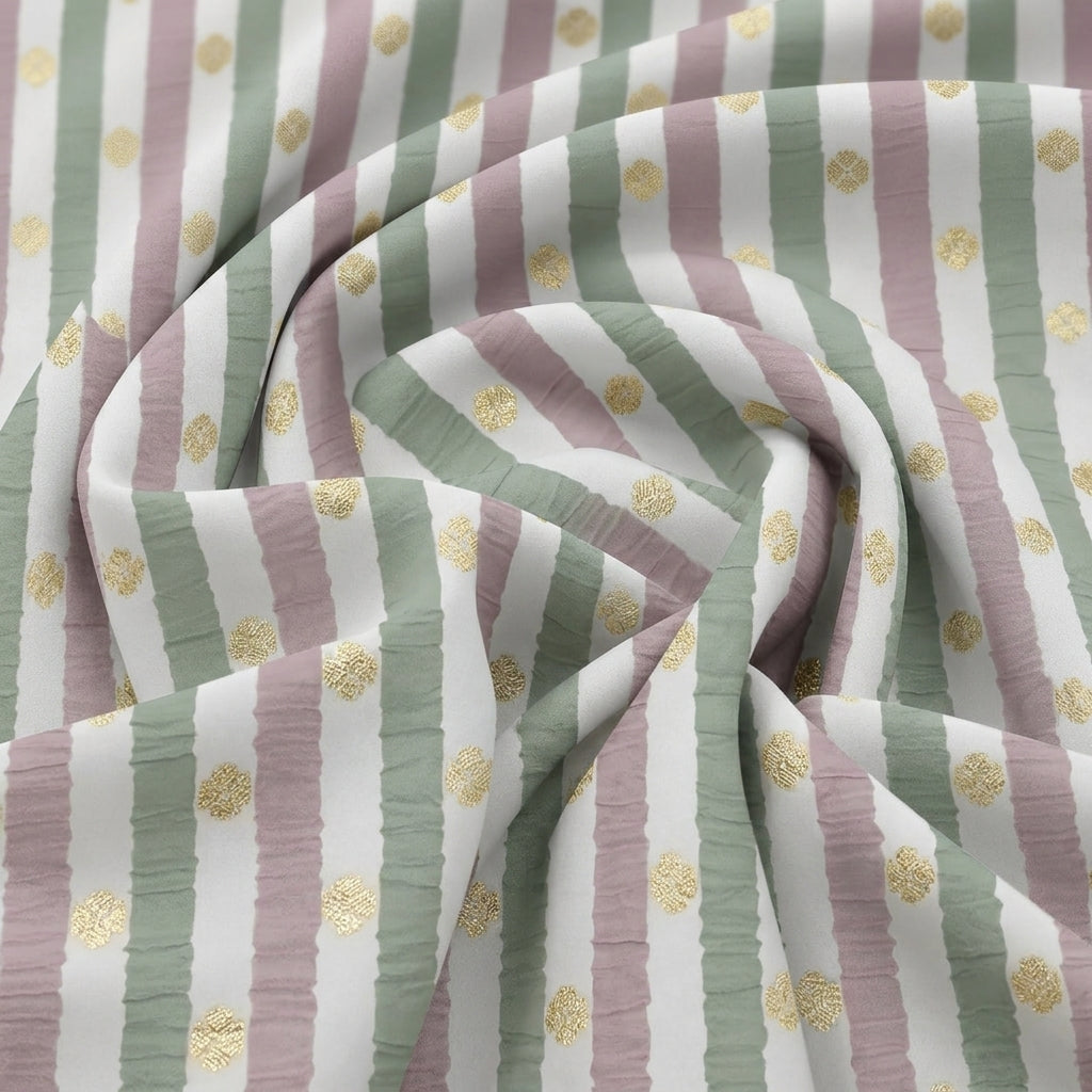 Swirled Cream Stripes Semi Banaras Fabric Showing Zari Butta and Drape