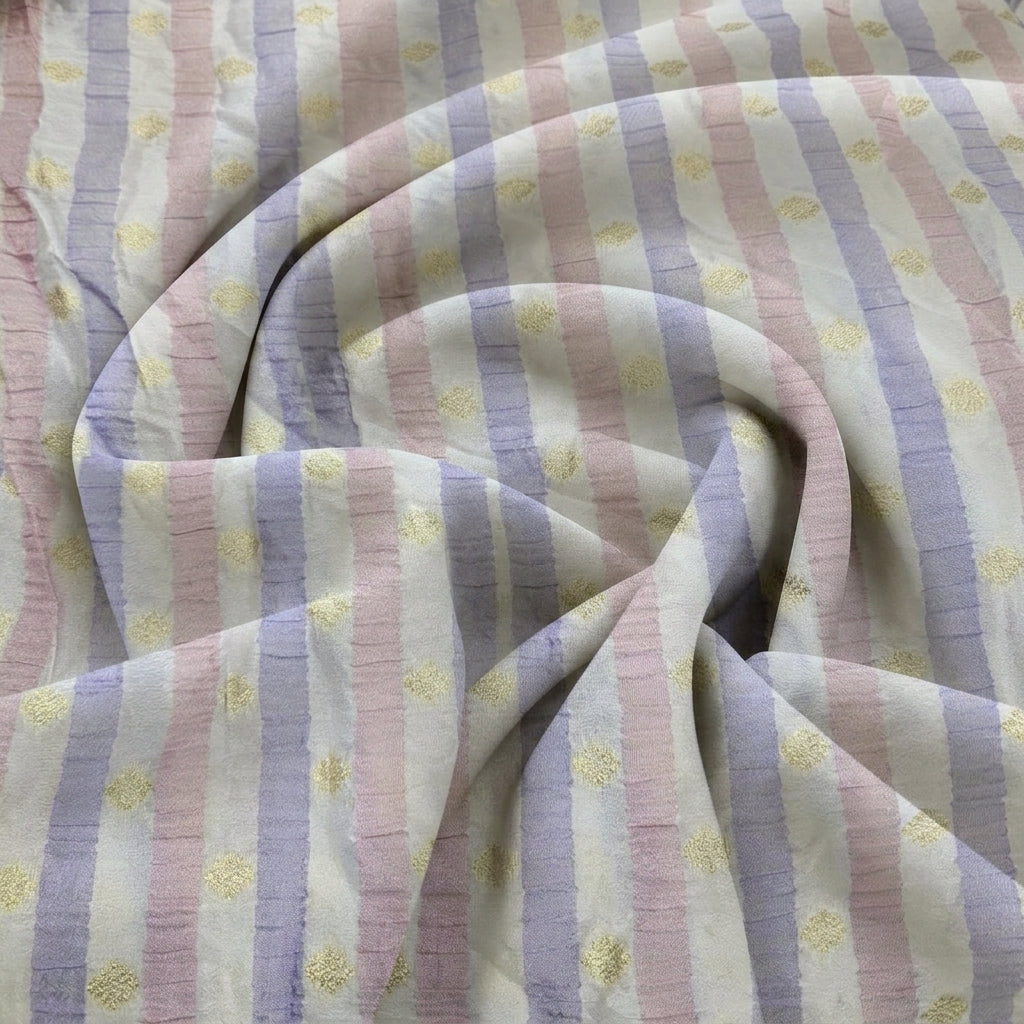 Swirled Cream Stripes Semi Banaras Fabric Showing Zari and Drape