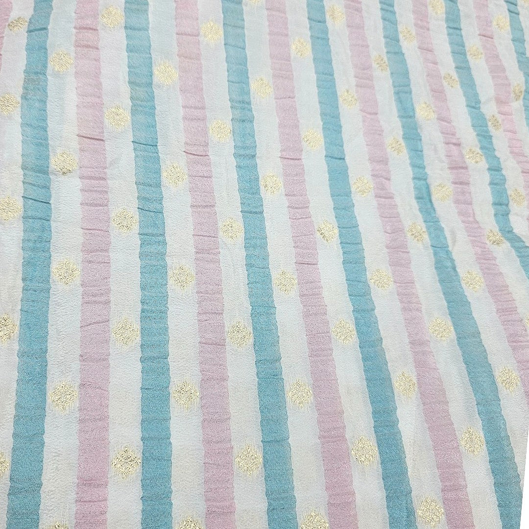 Blue Pink Stripes Semi Banaras Fabric, laid flat