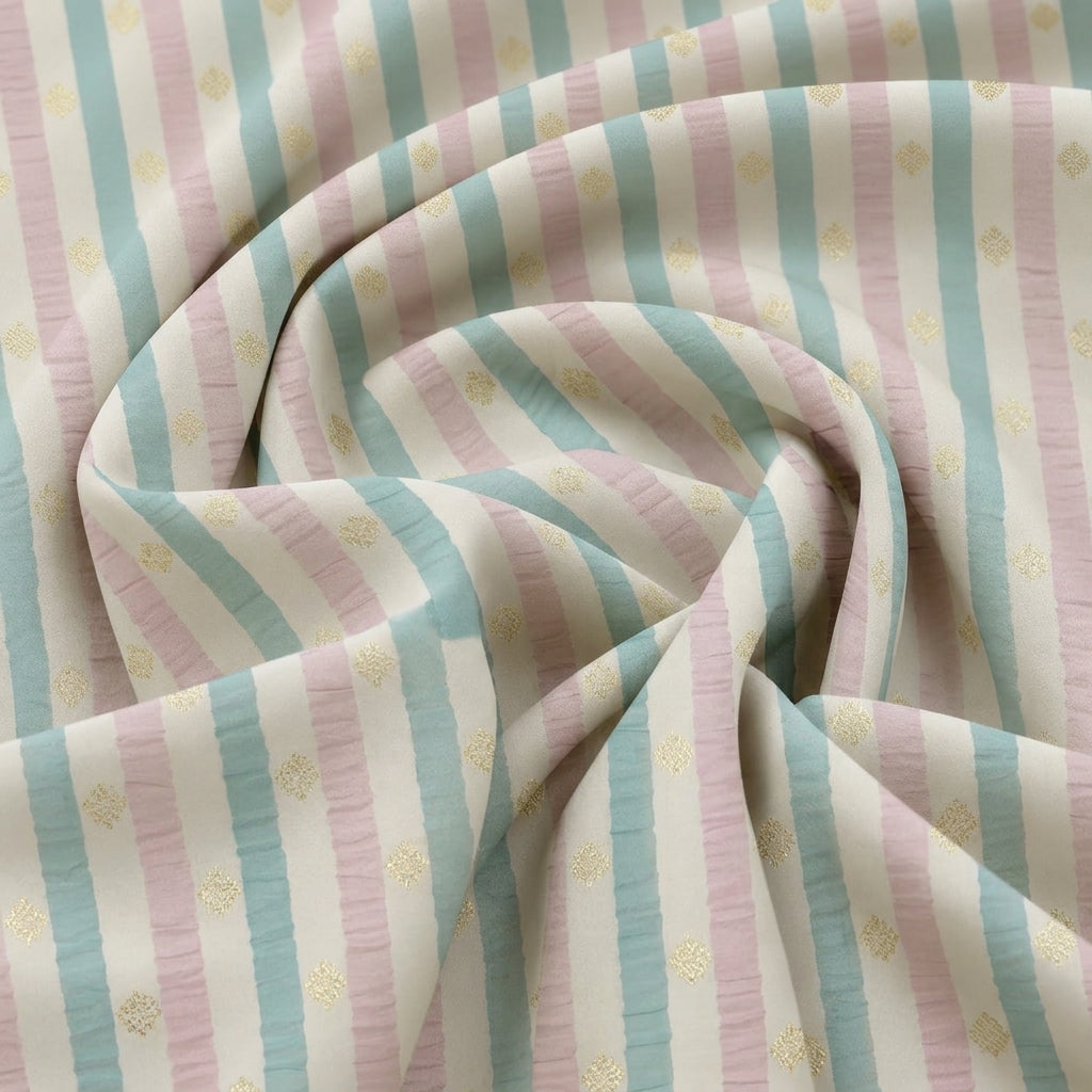 Swirled Cream Stripes Semi Banaras Fabric Showing Zari and Drape