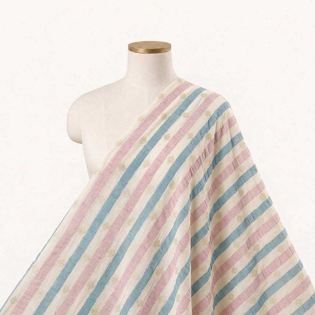 Cream Stripes Semi Banaras Fabric Draped as a saree