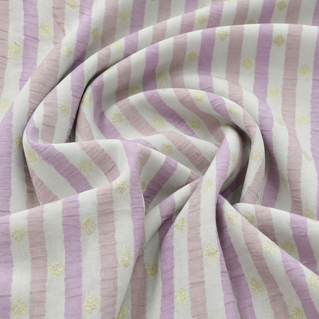 Swirled Cream Stripes Semi Banaras Fabric Showing Zari and Drape