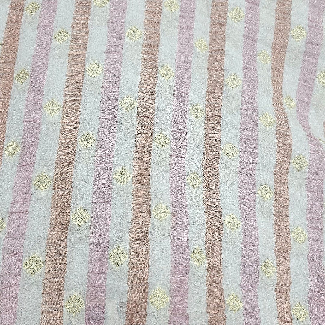 Orange Pink Stripes Semi Banaras Fabric, laid flat