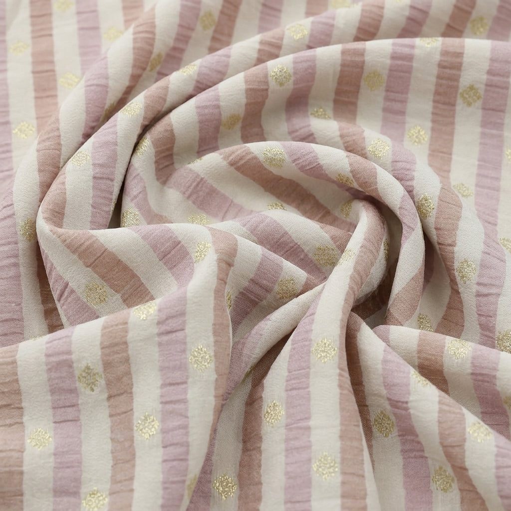Swirled Cream Stripes Semi Banaras Fabric Showing Zari and Drape