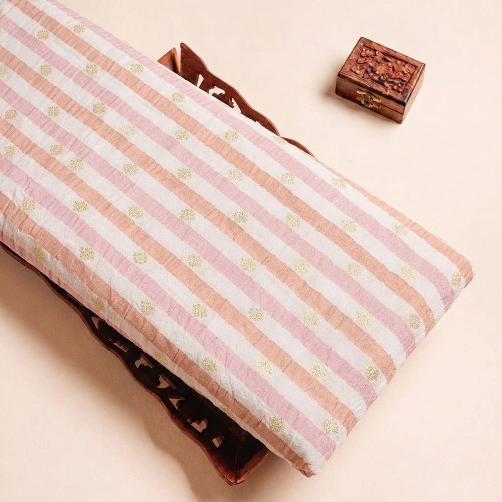 Orange Pink Stripes Semi Banaras Fabric, folded