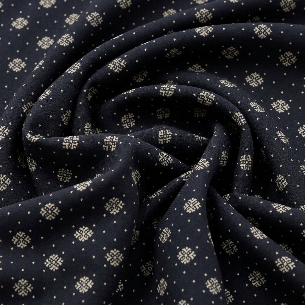 Swirled Black Diamond Rayon Fabric Showing Drape