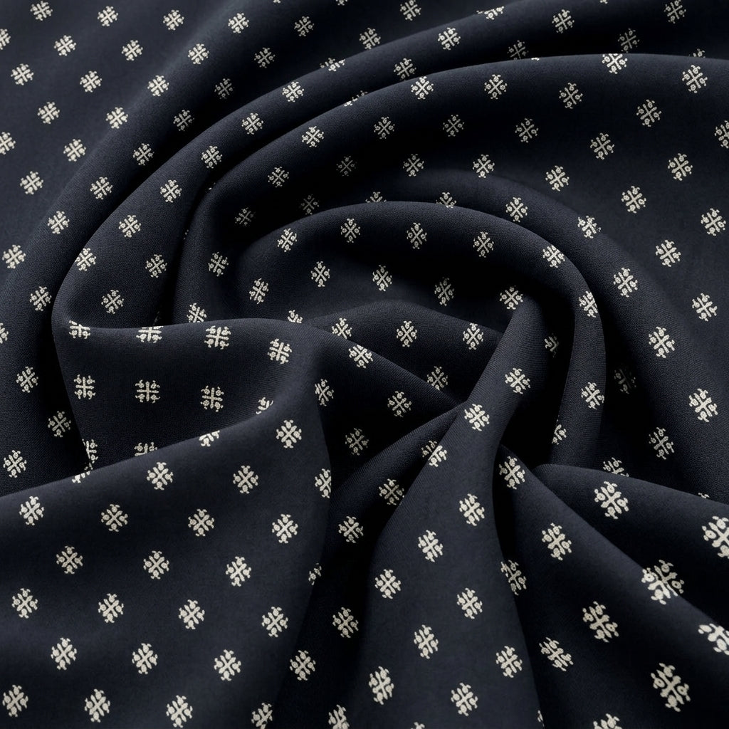 Swirled Black Diamond Rayon Fabric Showing Drape