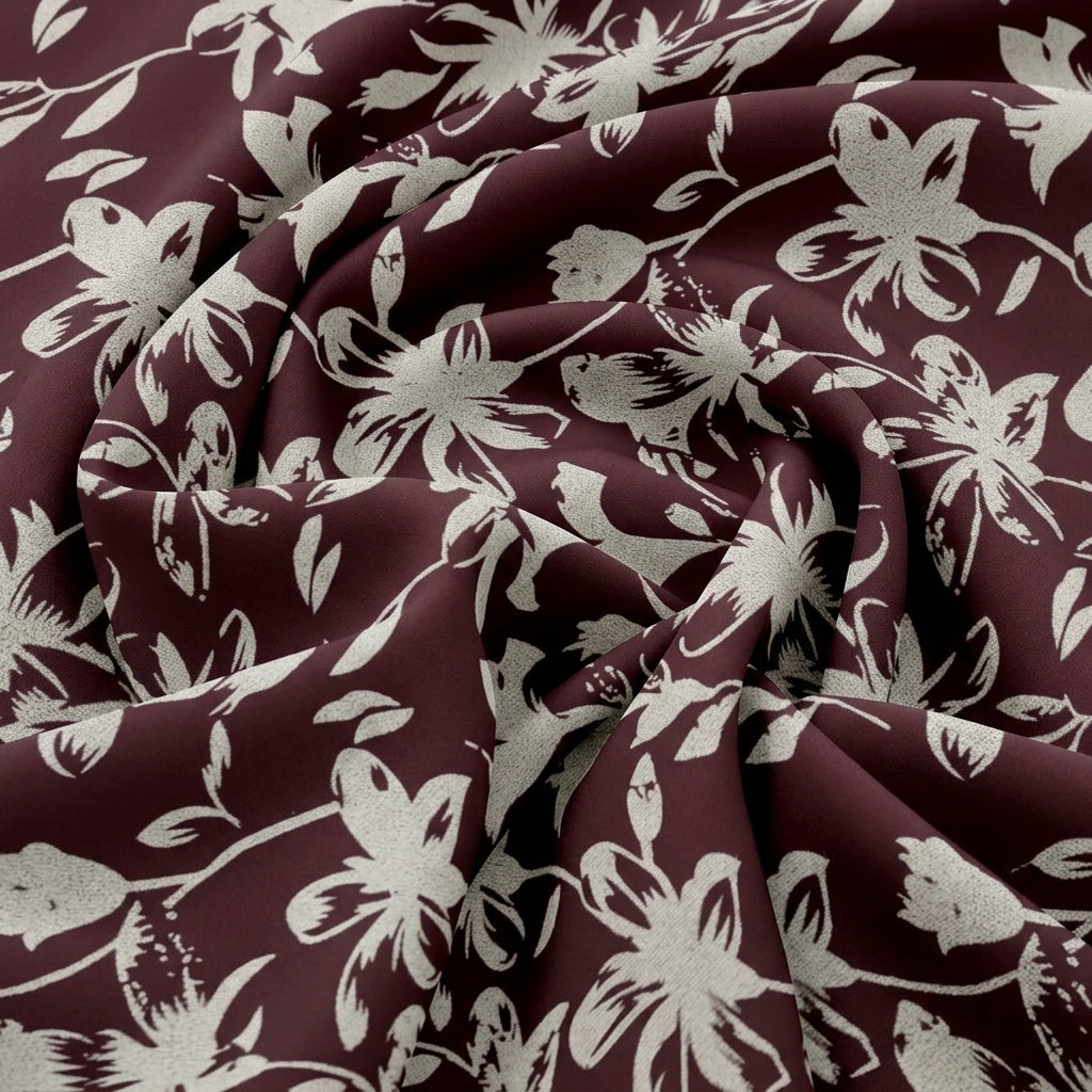 Swirled Maroon Floral Rayon Fabric Showing Drape