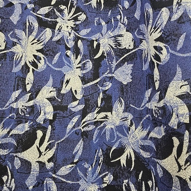 Blue Floral Rayon Fabric, laid flat