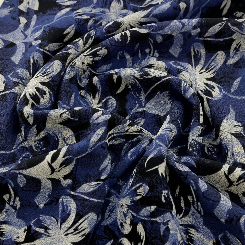 Swirled Blue Floral Rayon Fabric Showing Drape