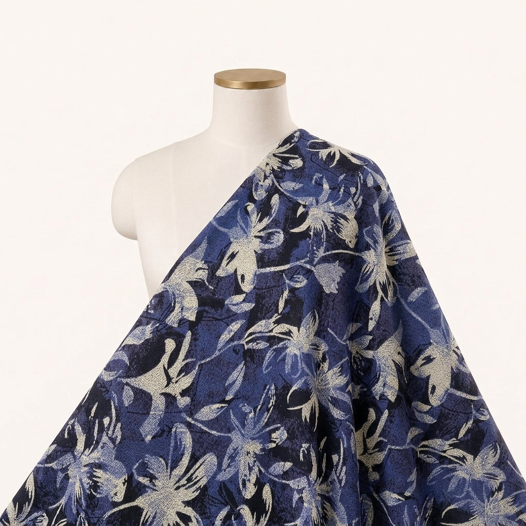 Blue Floral Rayon Fabric Draped as a saree