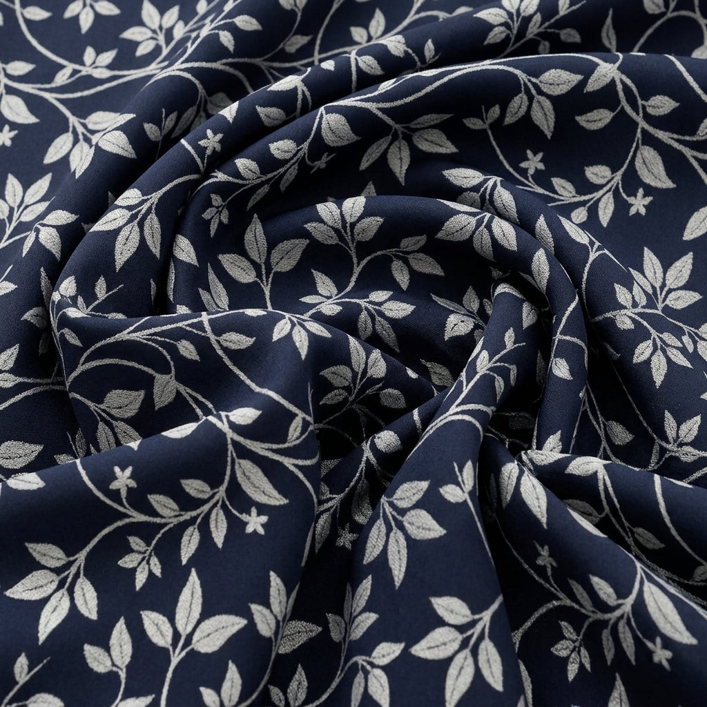 Swirled Black Floral Rayon Fabric Showing Drape