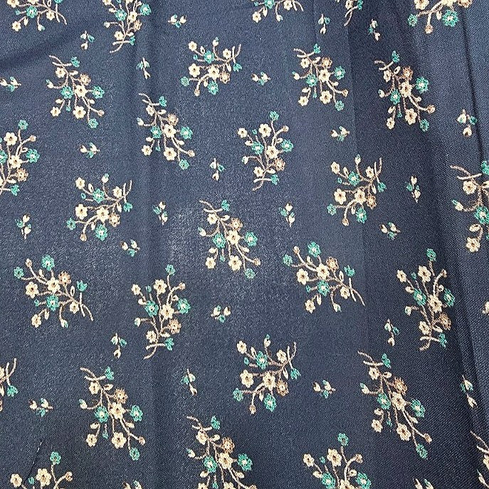 Blue Floral Rayon Fabric, laid flat