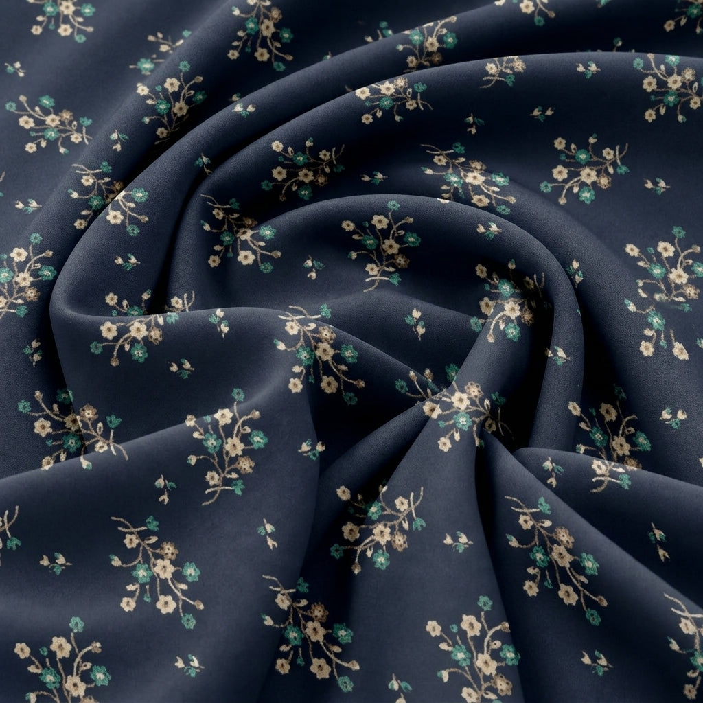 Swirled Blue Floral Rayon Fabric Showing Drape