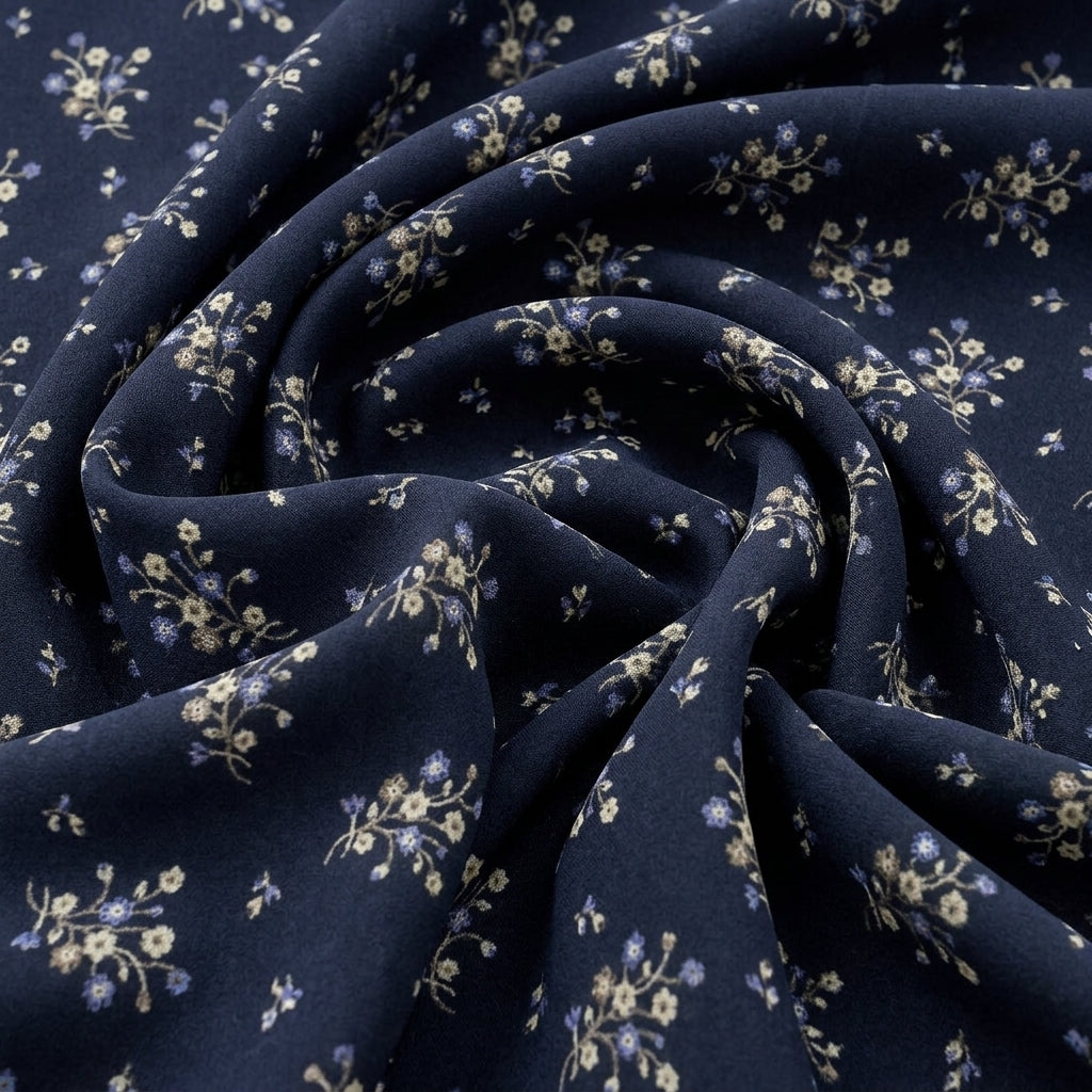 Swirled Black Floral Rayon Fabric Showing Drape