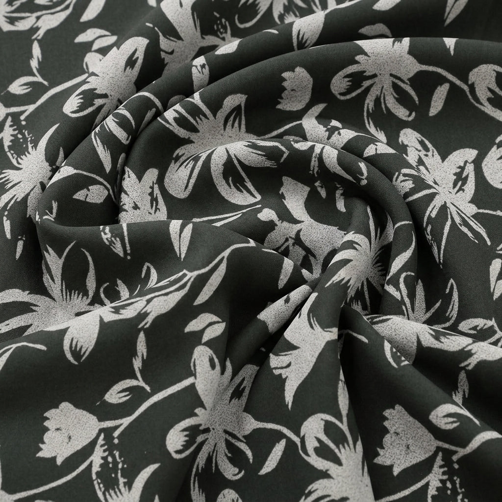Swirled Green Floral Rayon Fabric Showing Drape
