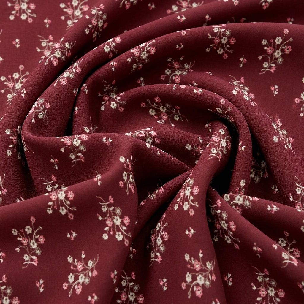 Swirled Maroon Floral Rayon Fabric Showing Drape