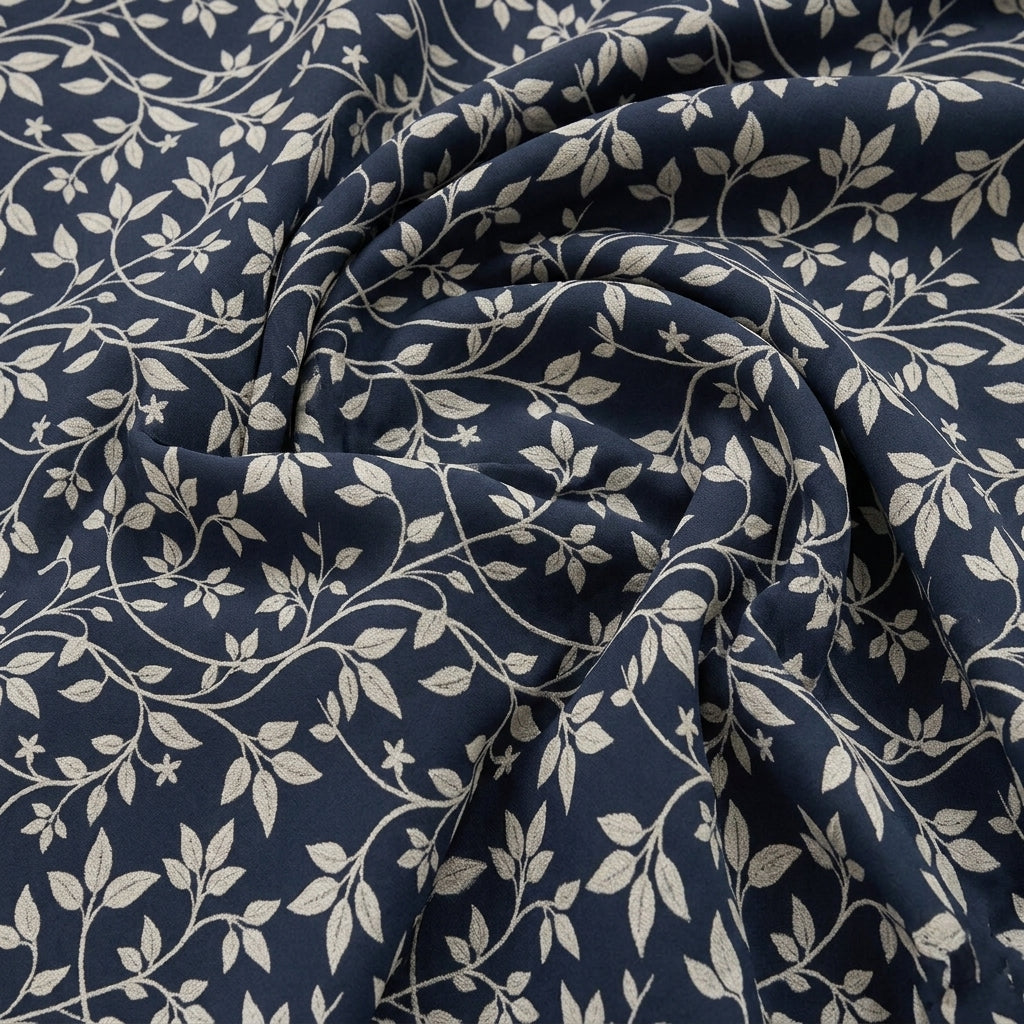 Swirled Navy Blue Floral Rayon Fabric Showing Drape