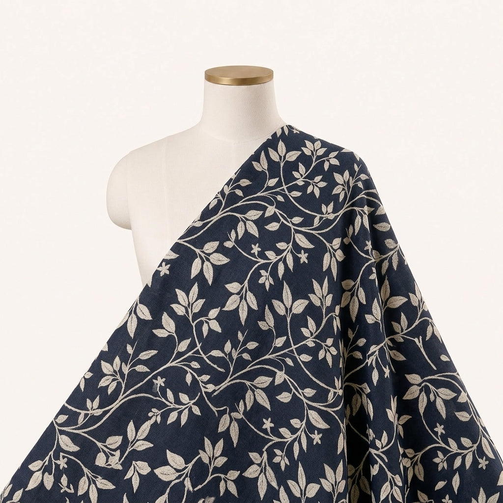 Navy Blue Floral Rayon Fabric Draped as a saree