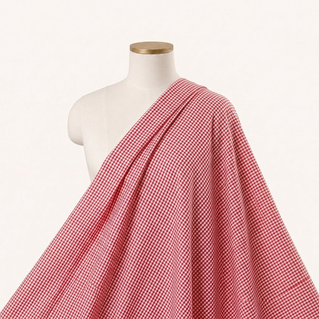 Red Checked Cotton Fabric Draped as a saree