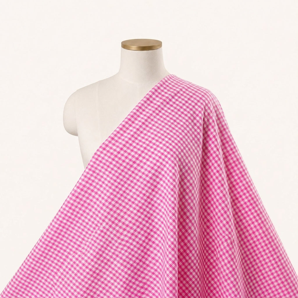 Pink Checked Cotton Fabric Draped as a saree