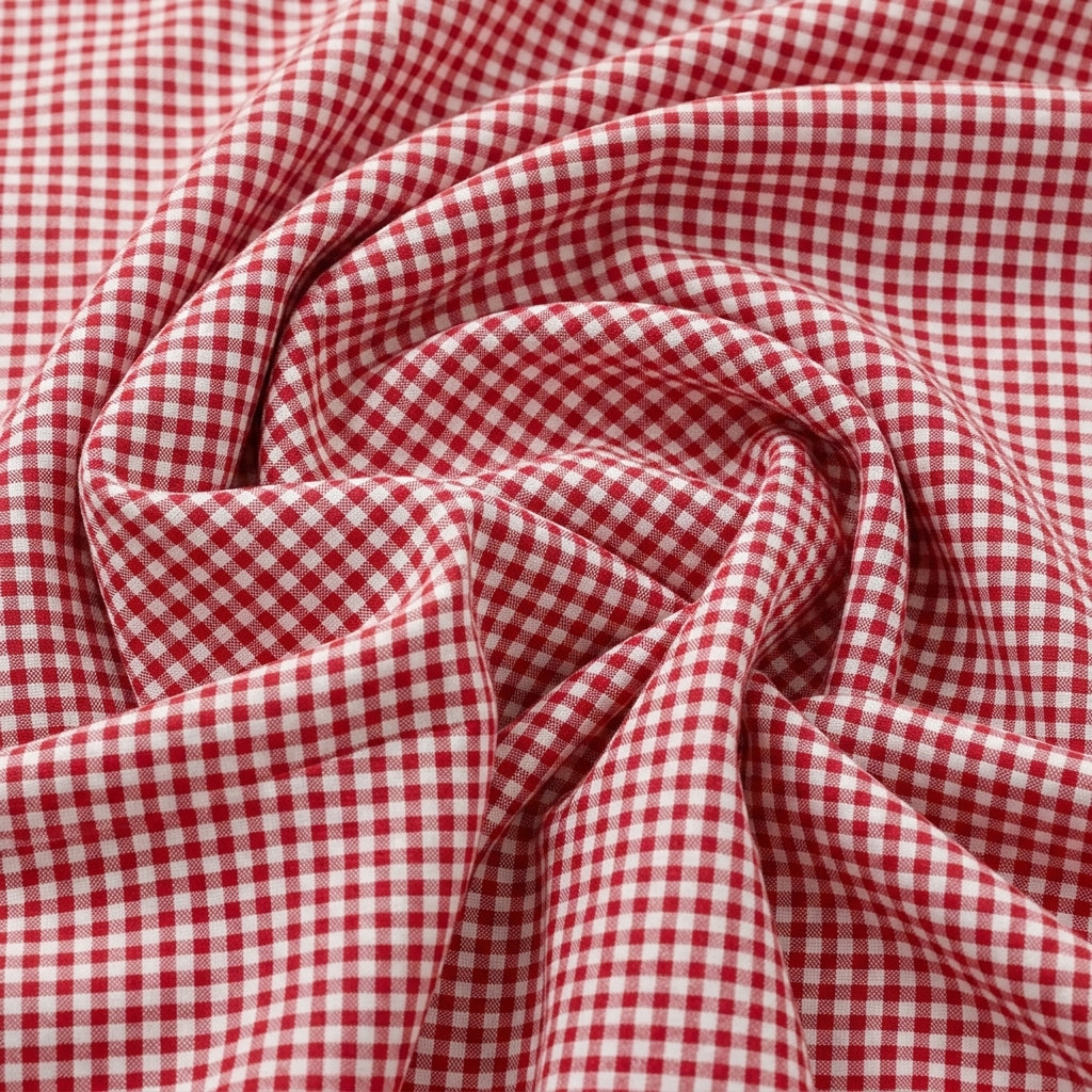 Swirled Red Checked Cotton Fabric Showing Drape