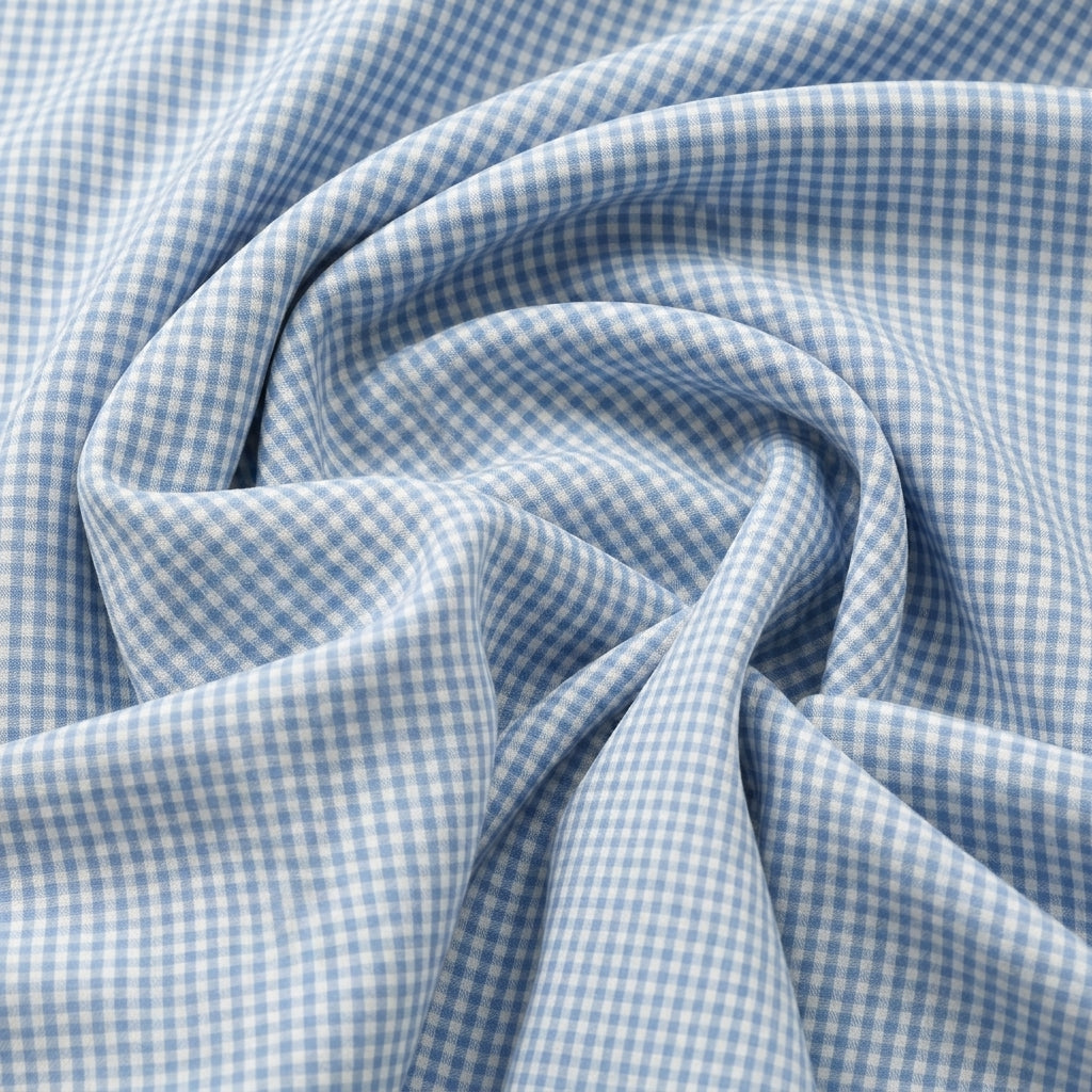 Swirled Blue Checked Cotton Fabric Showing Drape