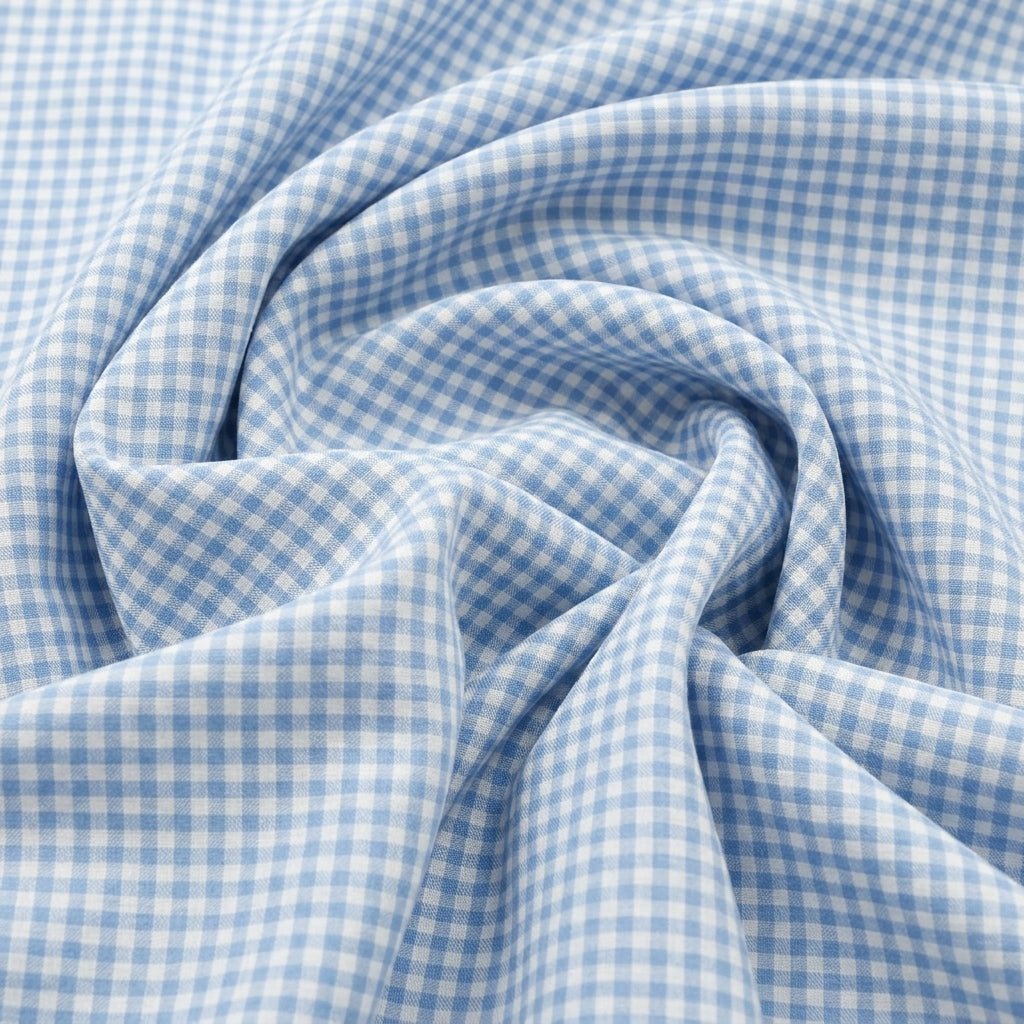 Swirled Blue Checked Cotton Fabric Showing Drape