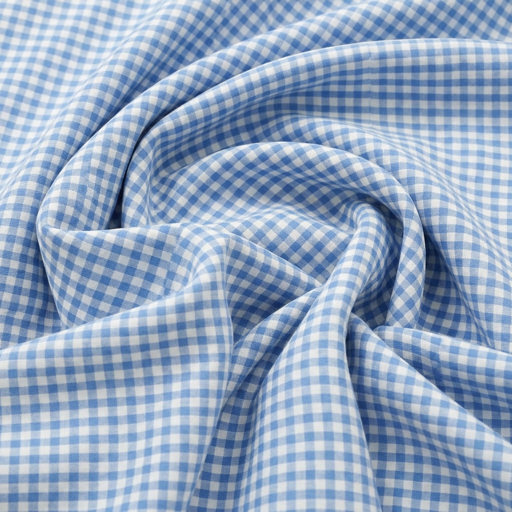 Swirled Blue Checked Cotton Fabric Showing Drape