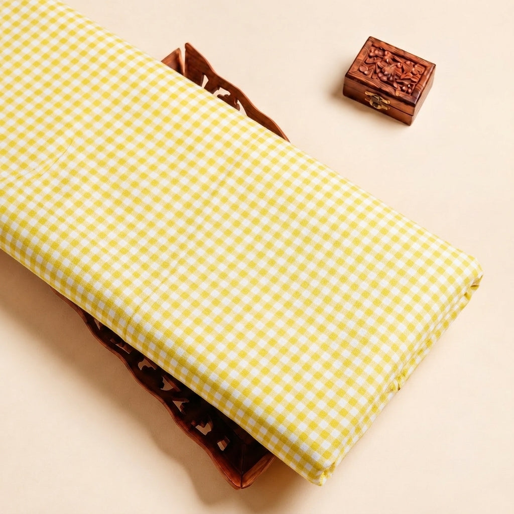 Yellow Checked Cotton Fabric, folded