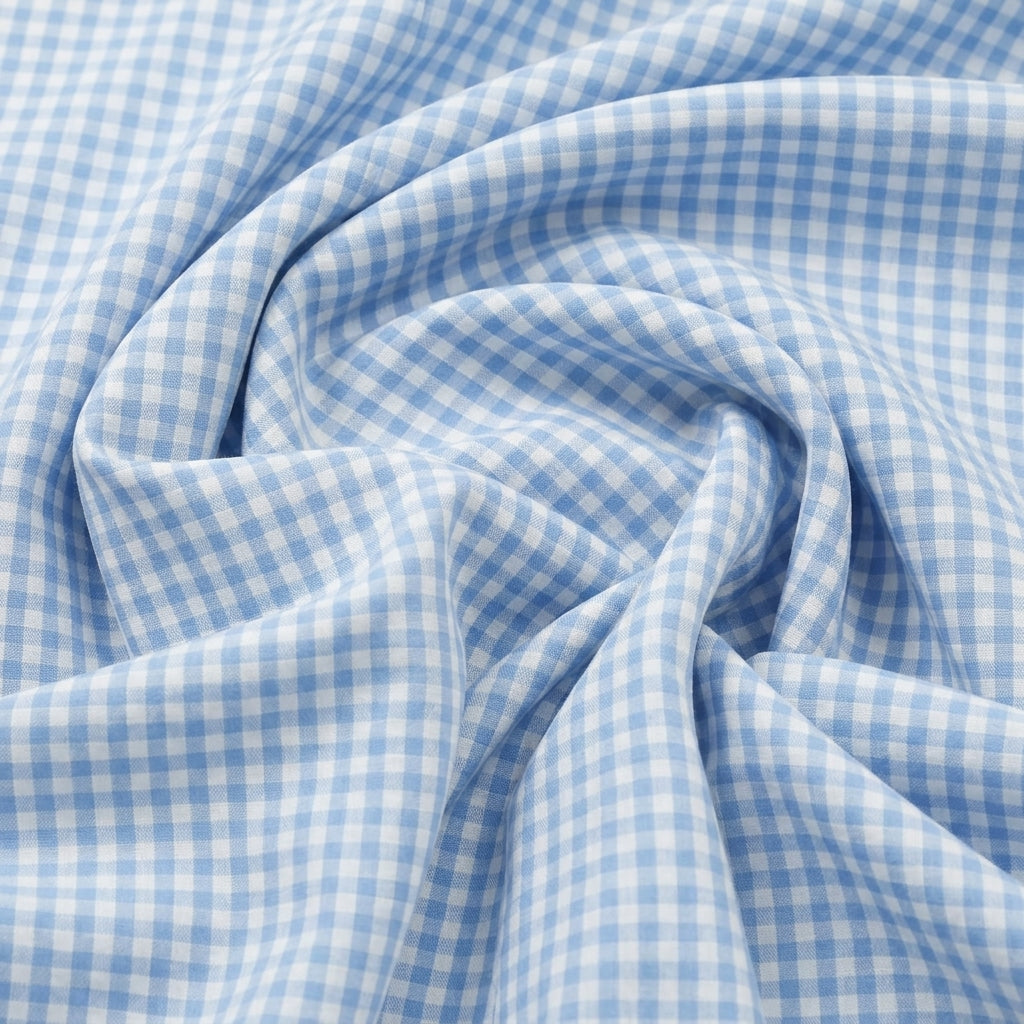 Swirled Blue Checked Cotton Fabric Showing Drape