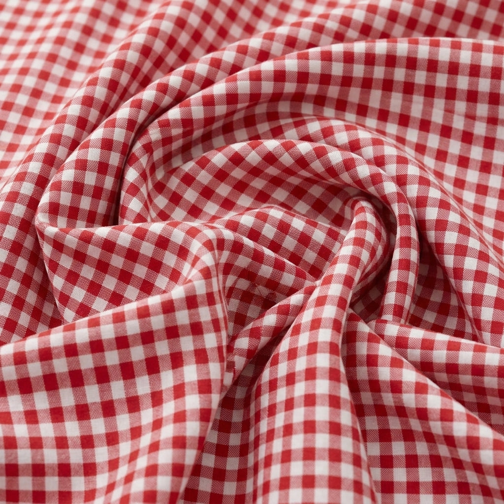 Swirled Red Checked Cotton Fabric Showing Drape