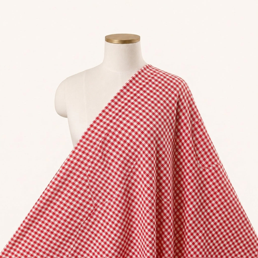 Red Checked Cotton Fabric Draped as a saree
