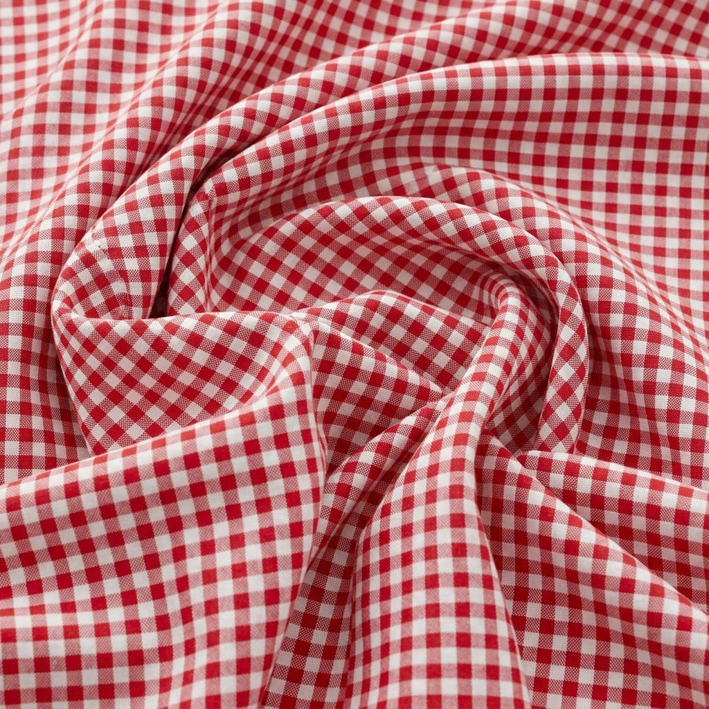Swirled Red Checked Cotton Fabric Showing Drape