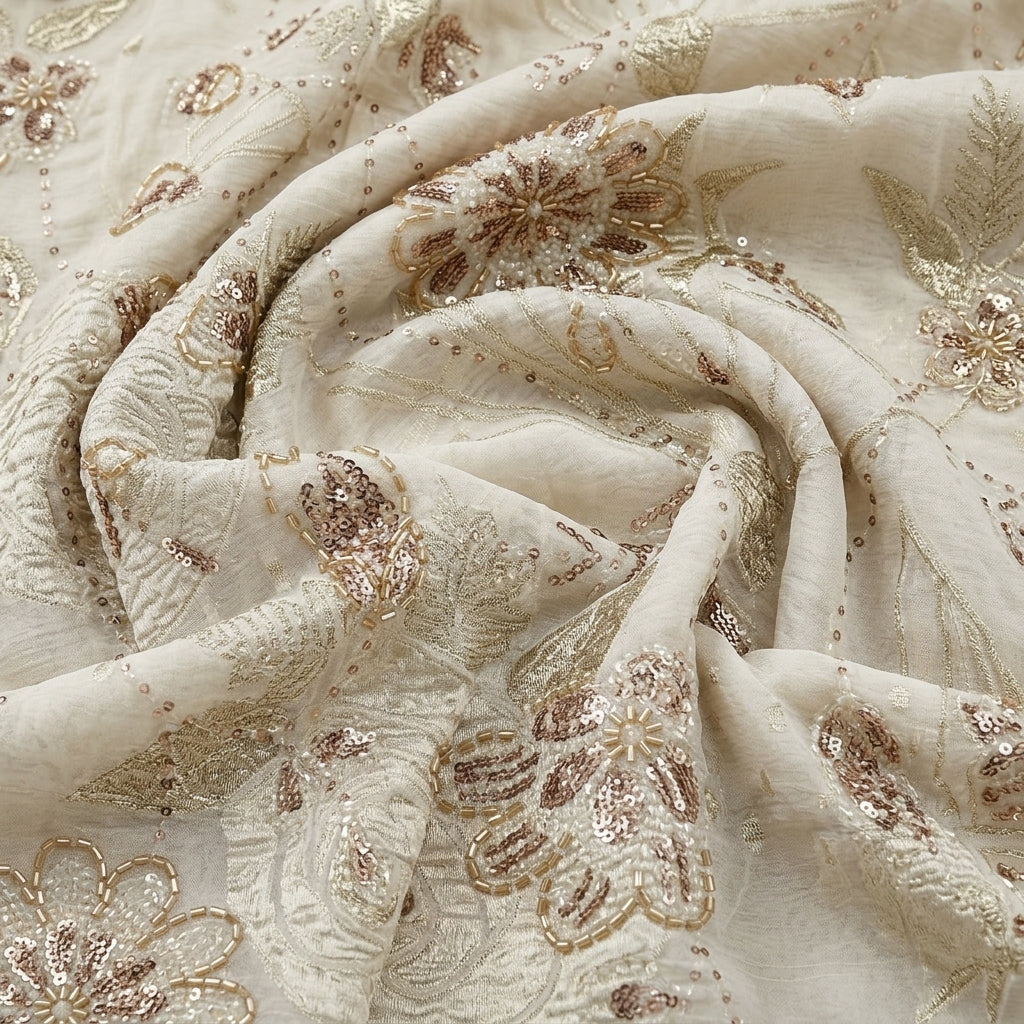 Swirled White Embroidery Tissue Fabric Showing Sequin Stone Beads and Drape