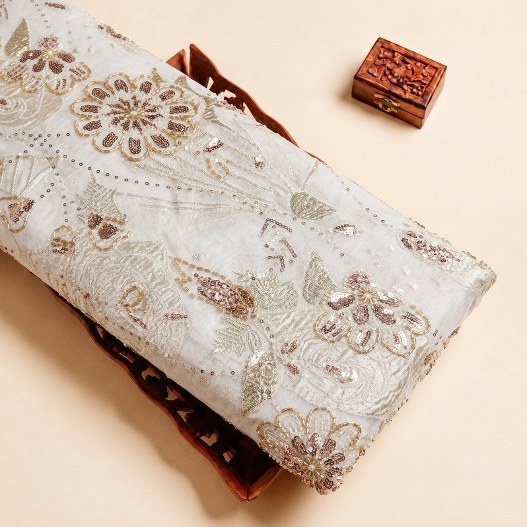 White Embroidery Tissue Fabric with Sequin Stone Beads