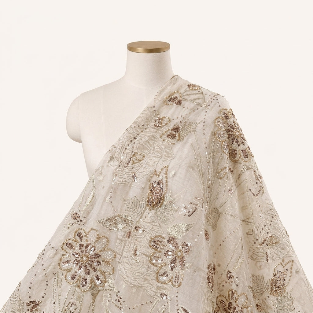 White Embroidery Tissue Fabric Draped as a saree