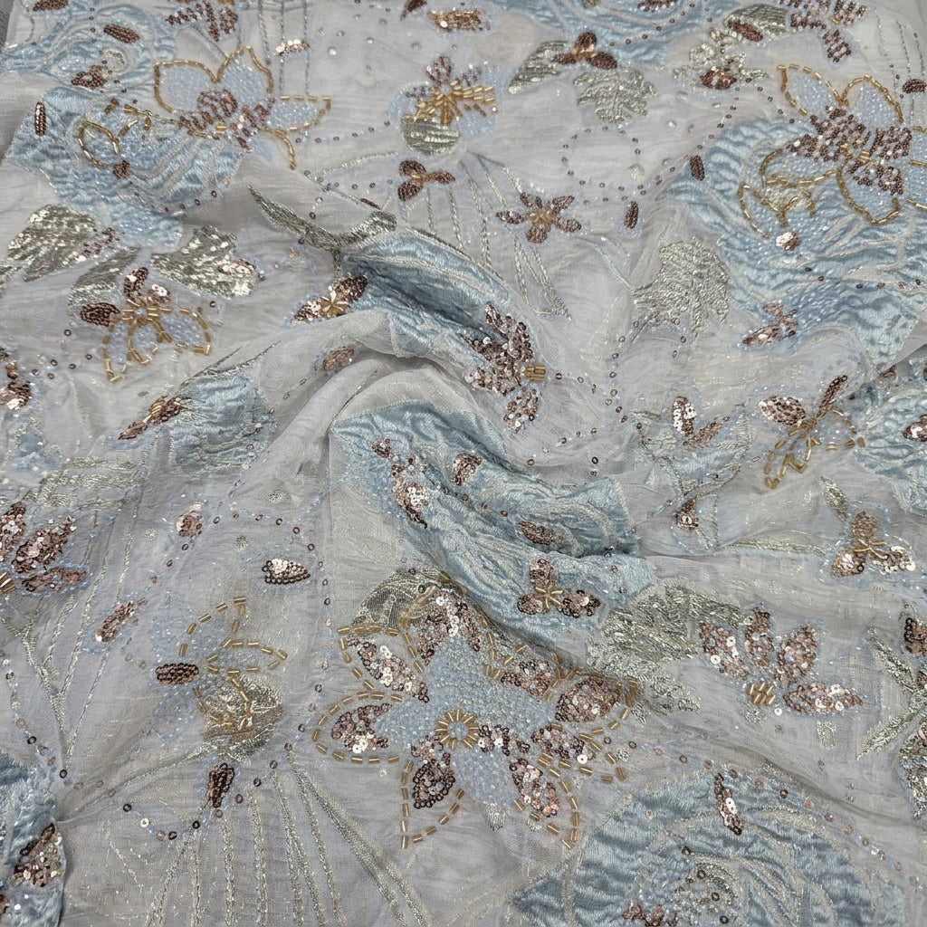 Swirled Baby Pink Embroidery Tissue Fabric Showing Sequin Stone Beads and Drape