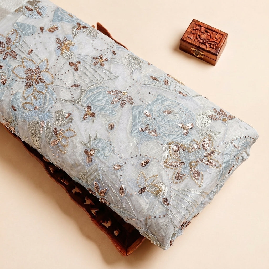 Baby Pink Embroidery Tissue Fabric with Sequin Stone Beads